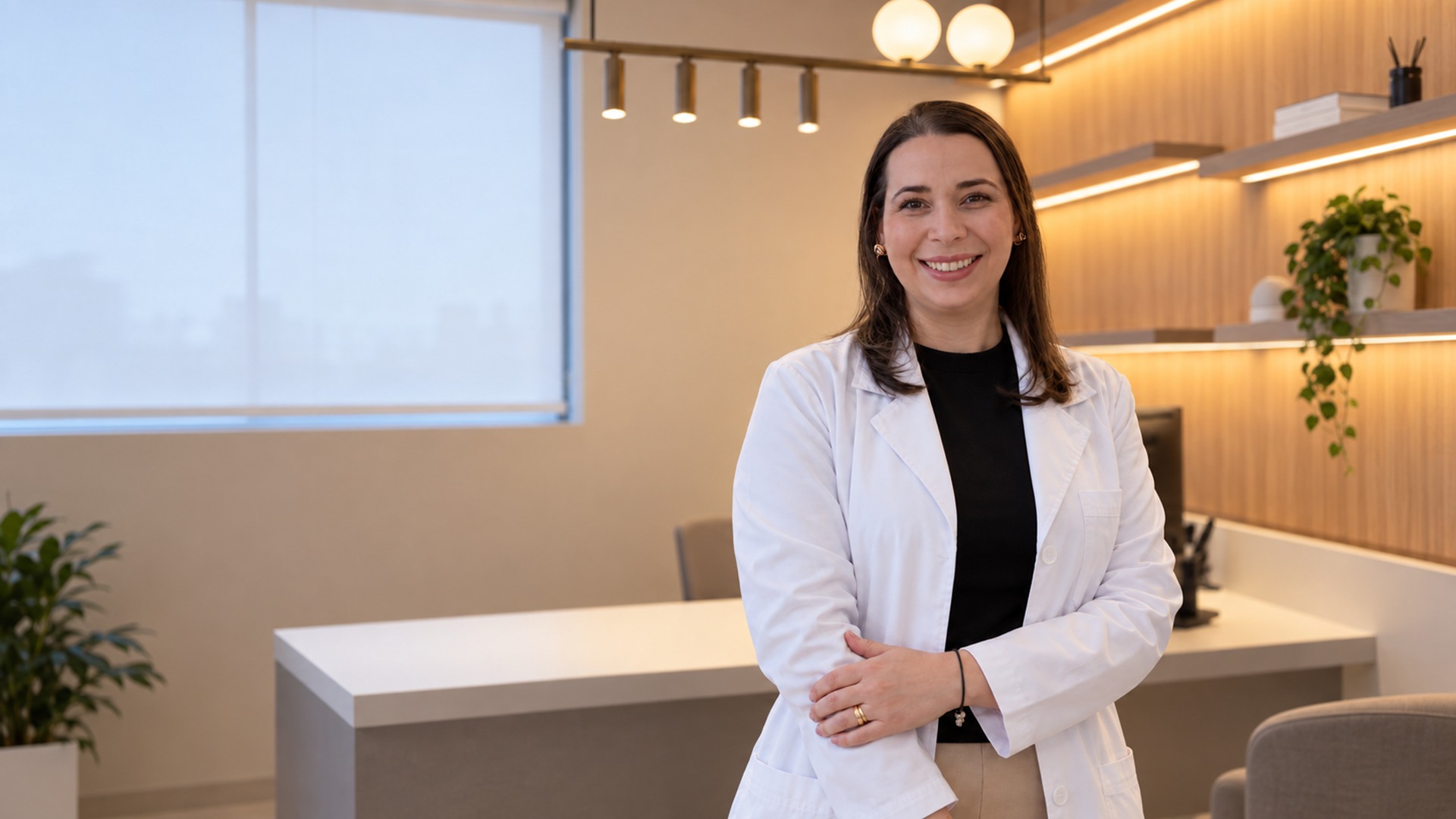 Dra. Nina Vasconcelos, de jaleco, em seu consultório em Belo Horizonte