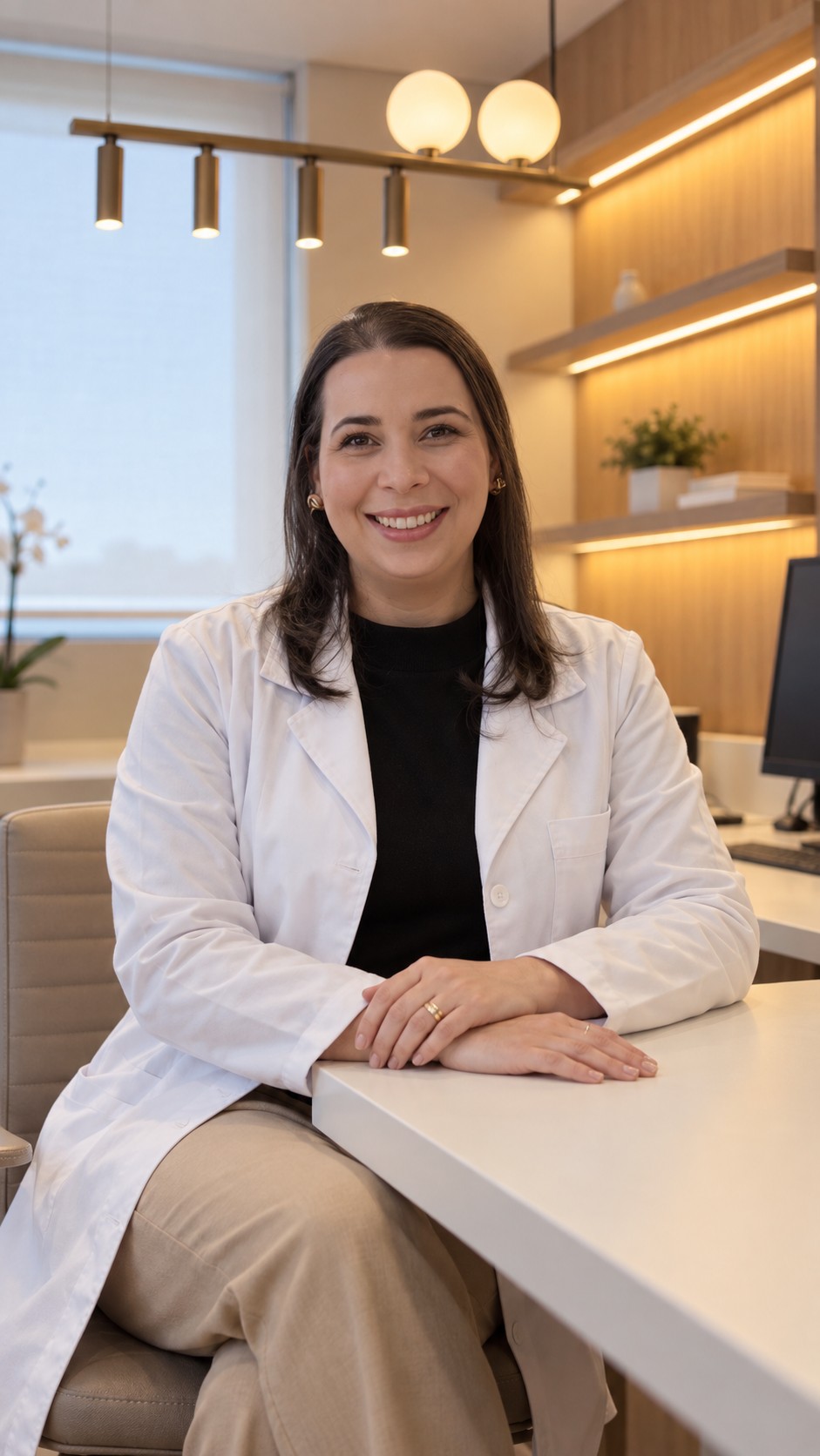 Dra. Nina sentada à mesa do consultório